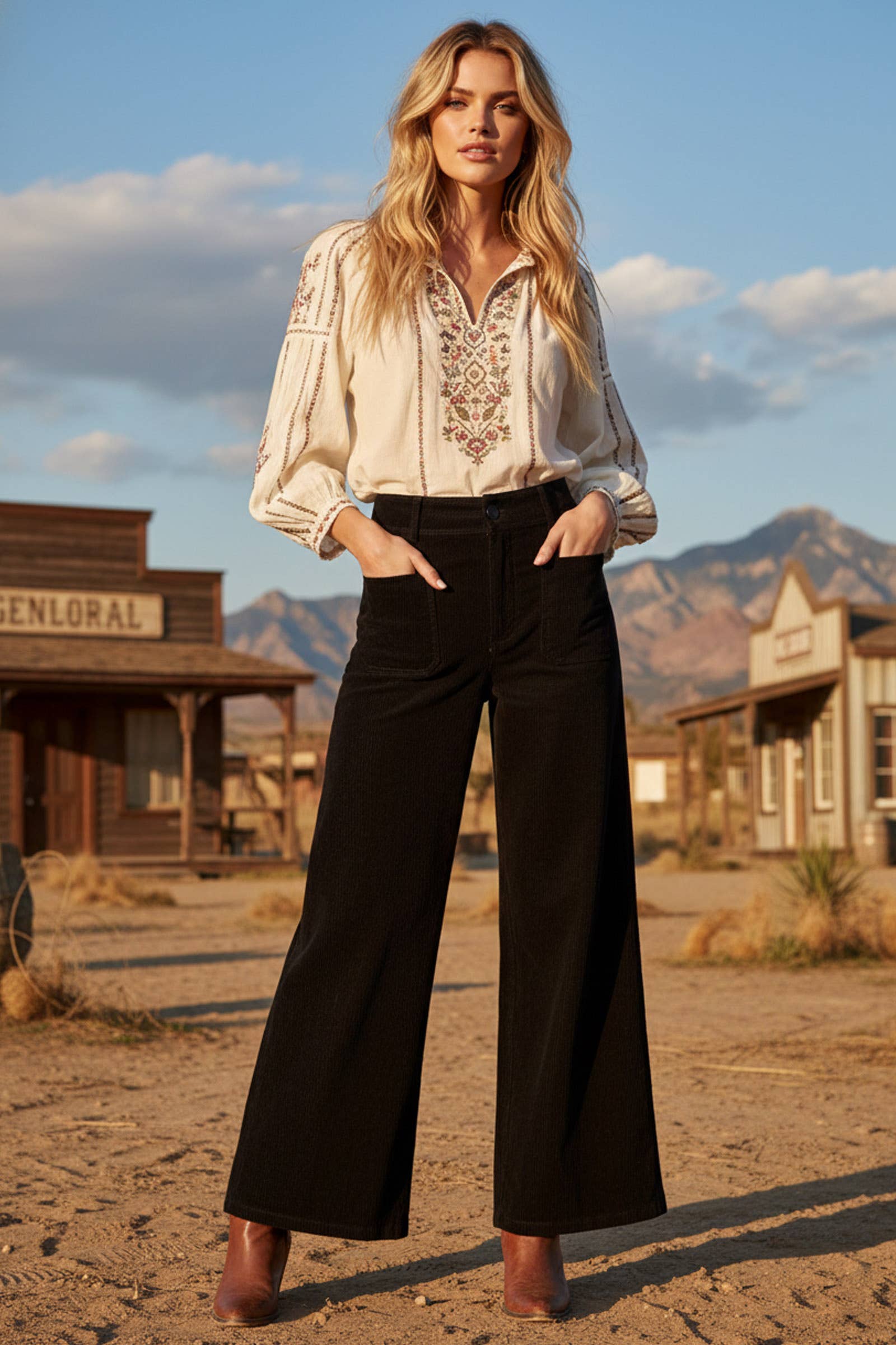 NOIR Pantalon large droit en velours côtelé en vente sur Faire0