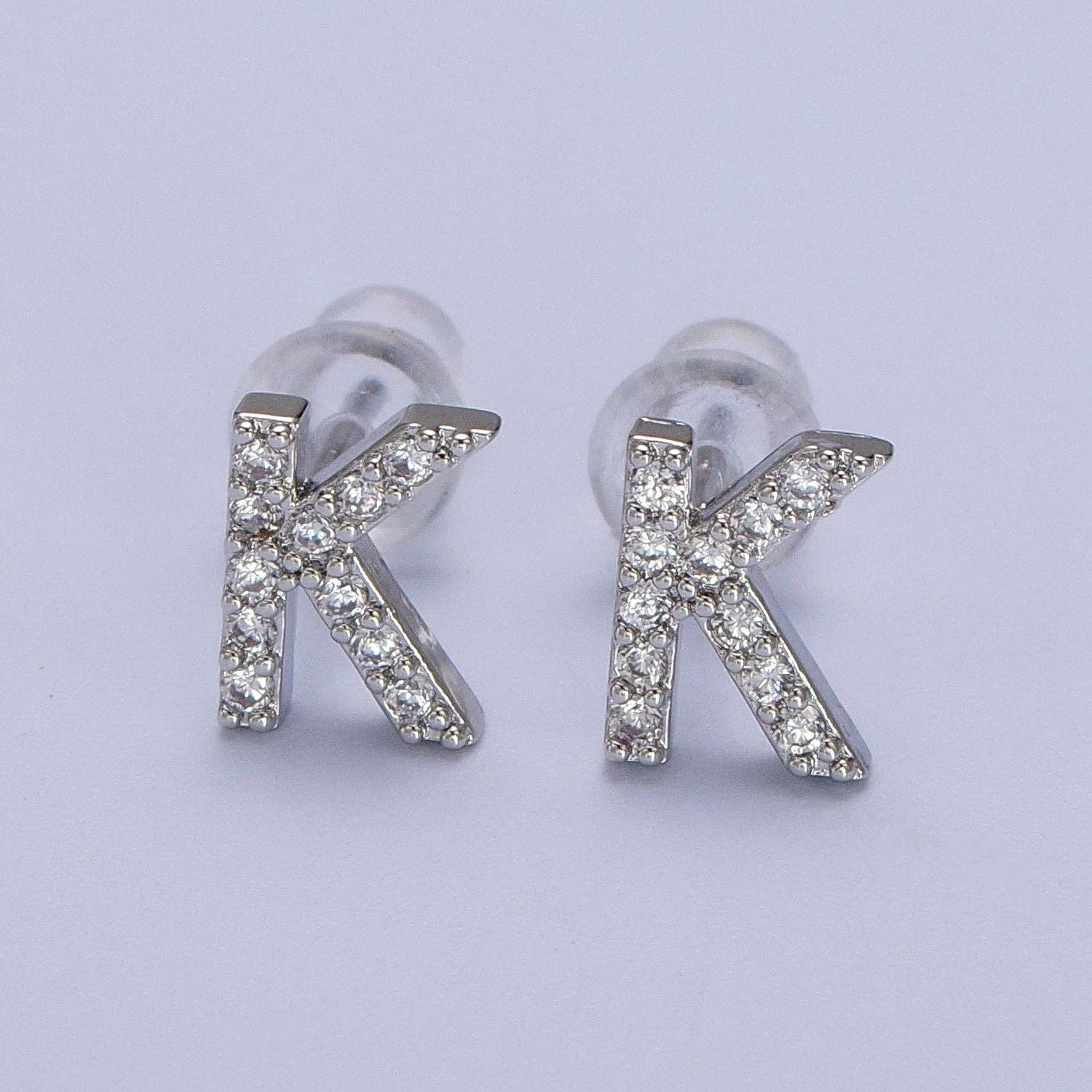 Aim Eternal - Wholesale Stud/Post Earrings - White Gold Filled Tiny Initial Letter Diamond CZ Silver Stud10