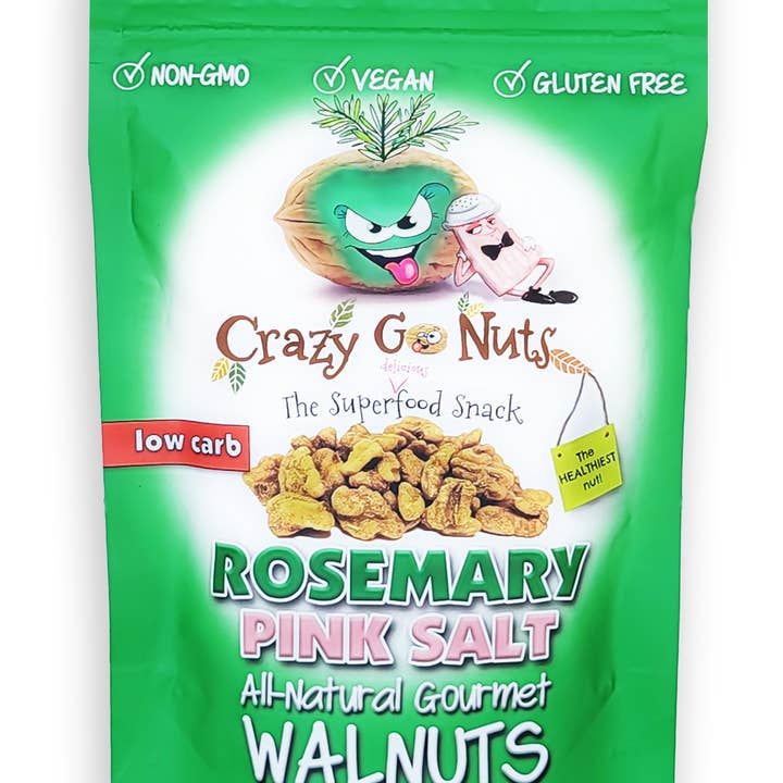 4.5oz Rosemary & Pink Salt Walnuts for wholesale by Crazy Go Nuts