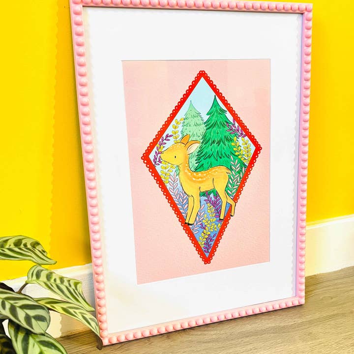 Pink Deer Cottagecore Illustrated Art Print for wholesale by Pixiecraft