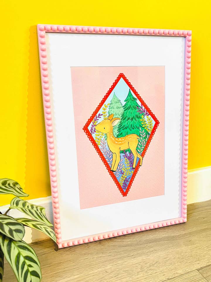 Pink Deer Cottagecore Illustrated Art Print for wholesale by Pixiecraft