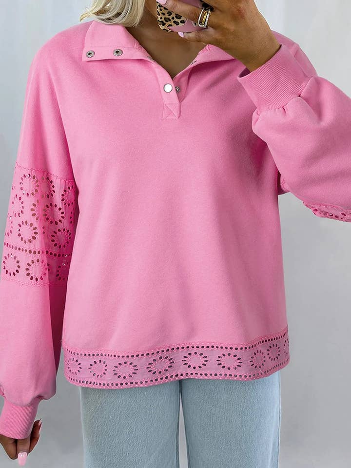 Eyelet Lace Detail Snap Down Sweatshirt for wholesale by Beyond Apparel
