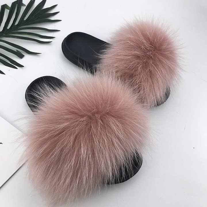 FurDecoration - Venta al por mayor Zapatillas para casa - Mujer - Pompones esponjosos de piel de mapache para mujer y niña