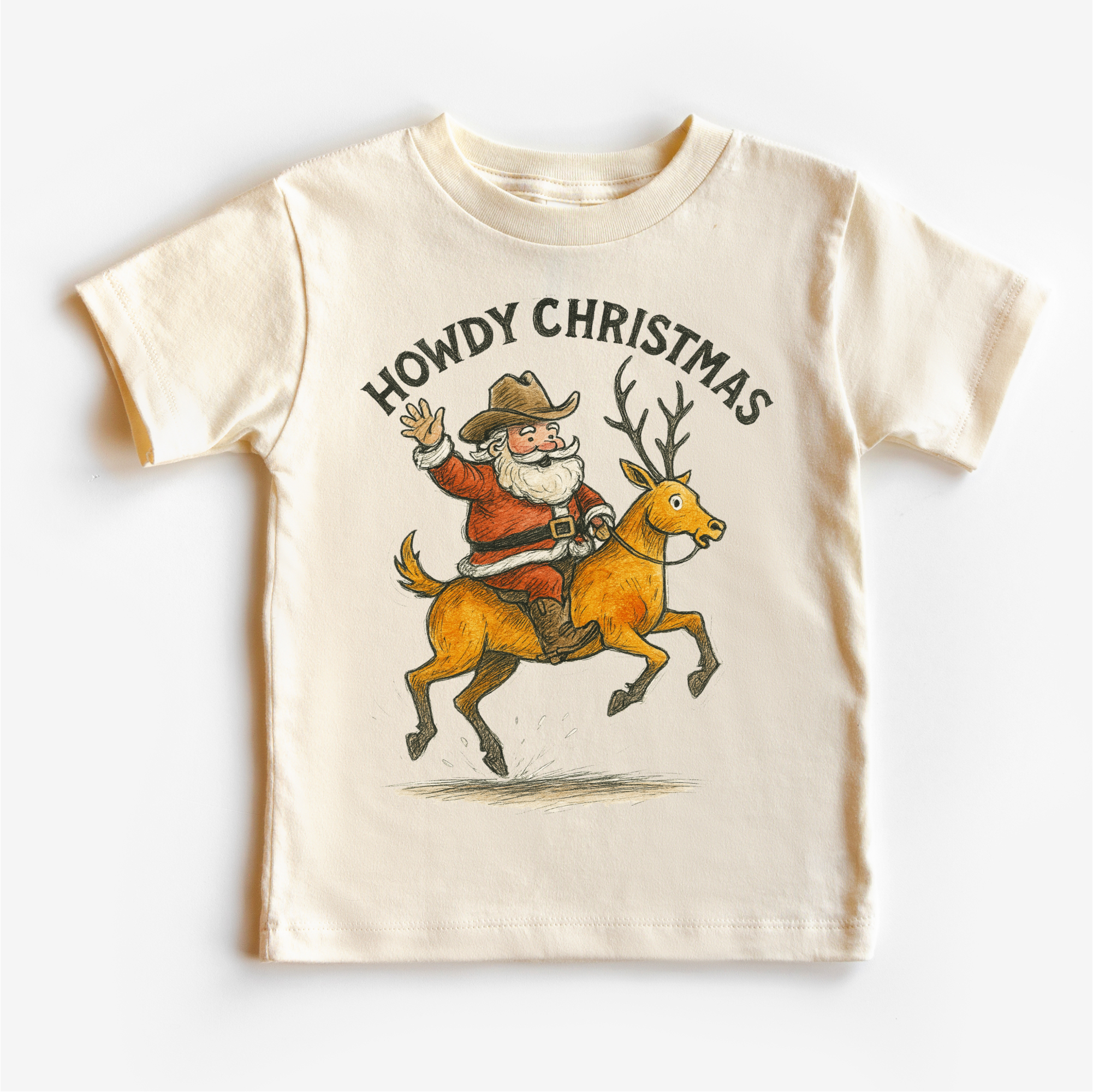 Madi Moosh - Wholesale Screen Printed T-Shirt - Kids - Howdy Christmas Rodeo Santa T-Shirt - Christmas Tee0