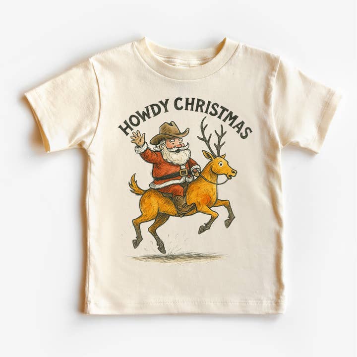 Madi Moosh - Wholesale Screen Printed T-Shirt - Kids - Howdy Christmas Rodeo Santa T-Shirt - Christmas Tee