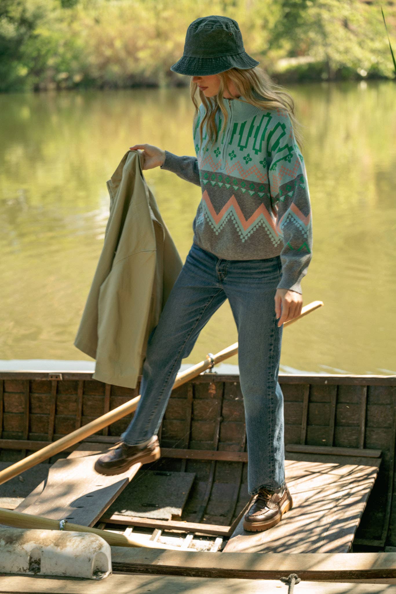 Burgundy Multi GEOMETRIC KNIT MOCK NECK HALF ZIP PULLOVER SWEATER MSW10885 for wholesale on Faire22