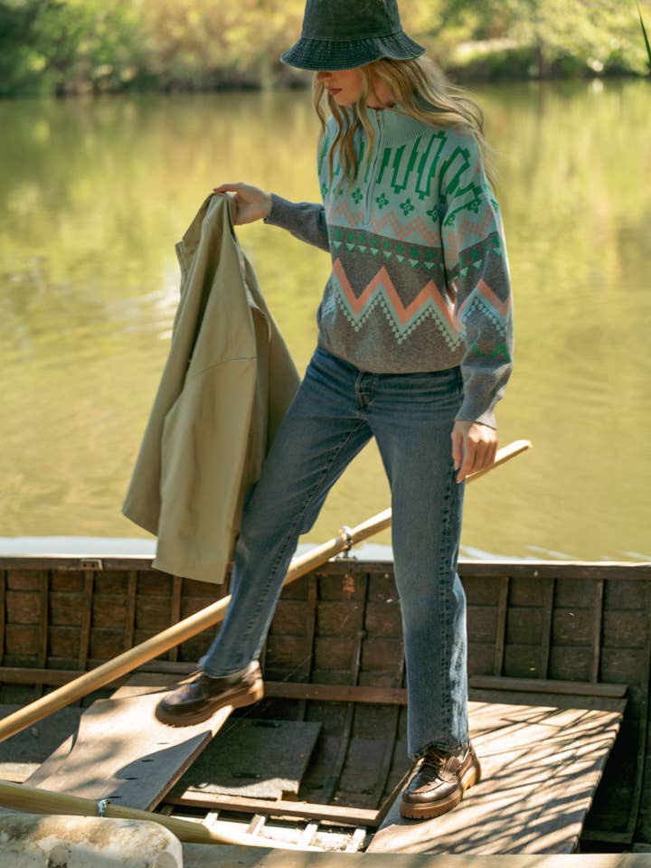 Burgundy Multi GEOMETRIC KNIT MOCK NECK HALF ZIP PULLOVER SWEATER MSW10885 for wholesale on Faire22