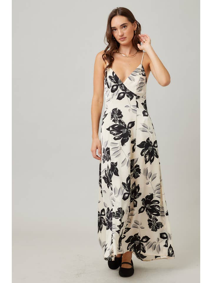 IVORY Fall Holiday Floral Printed Satin Open Back Maxi Dress for wholesale on Faire5
