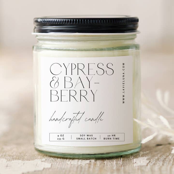 Cypress and Bayberry Minimal Soy Wax Winter & Holiday Candle for wholesale by La Vie Luna Apothecary