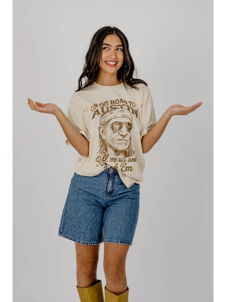 LivyLu - Wholesale Screen Printed T-Shirt - Unisex - Willie Nelson Roll Me Up & Hook Em Horns Thrifted Tee 7