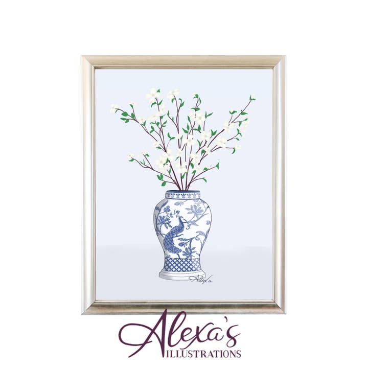 Alexa's Illustrations - Wholesale Art Print - Chinoiserie Dogwood Vase Print1
