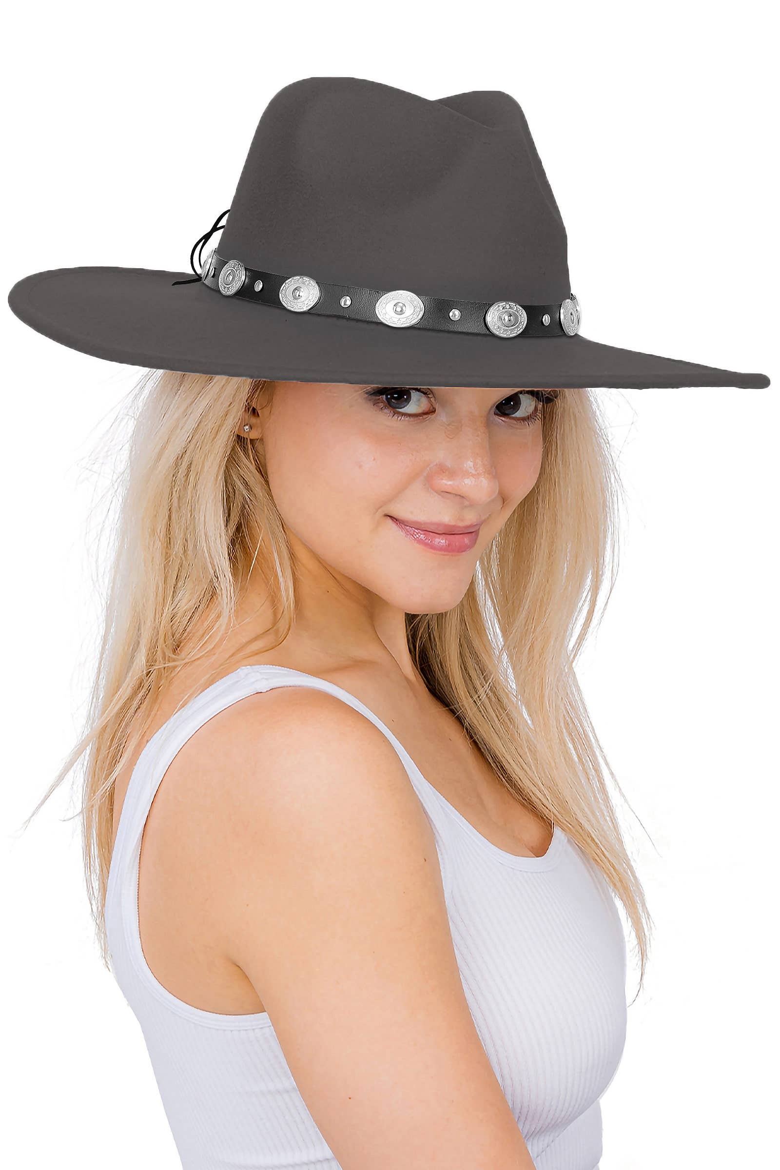 Cap Zone – wholesale Fedora – Women’s – Concho Belt Wide Flat Brim Felt Rancher Hat2