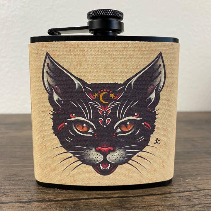 Black Cat Tattoo Flask 6 Oz, Black, Stainless Steel Flask with Funnel for wholesale by Illustrated Ink