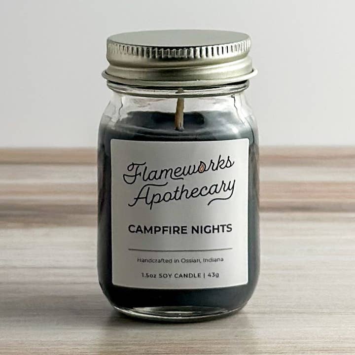 Campfire Nights 1.5 oz Mini Mason Jar Candle for wholesale by Flameworks Apothecary