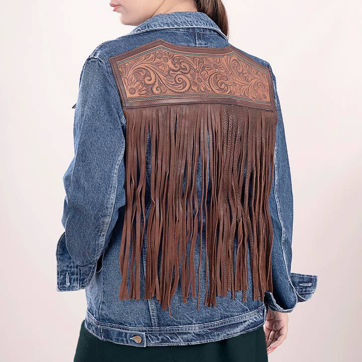 LS Western - Wholesale Denim Jacket - Women's - LC-ADJKT004 Western Denim Jacket with Tooled Floral Leather Yoke & Fringe - Cowgirl Heritage Style6