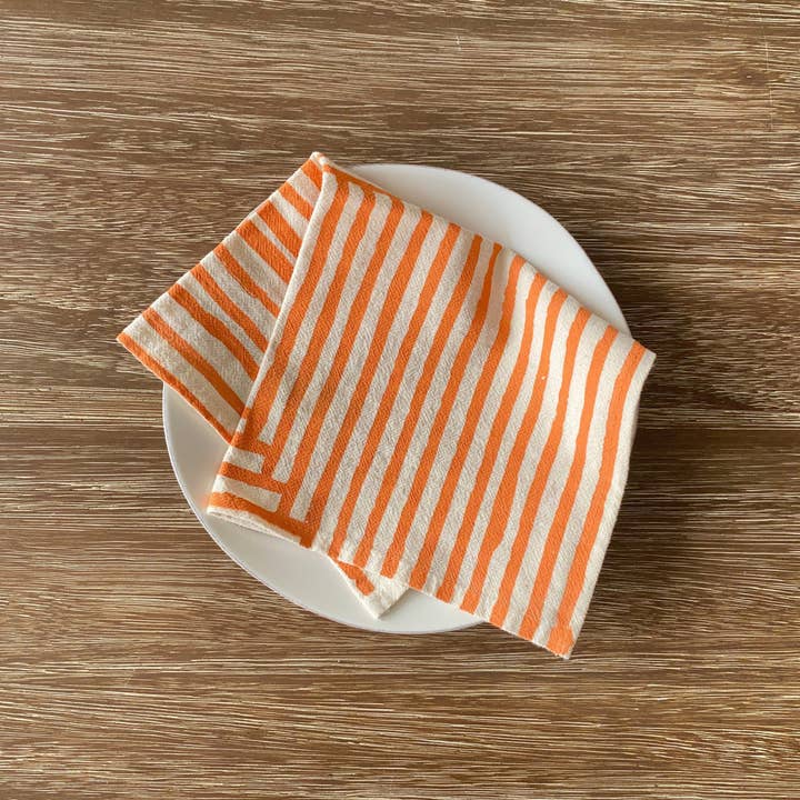 Bright Beige - Wholesale Dinner & Cloth Napkin - Fresh Painterly Stripe Hand Printed Cotton Napkins, Set of 44