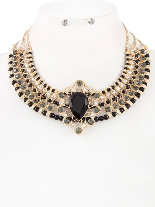 Crystal Ornate Multi Row Bead Accent Collar Necklace Set for wholesale by Andrea Bijoux