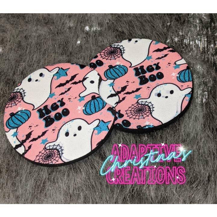 Retro Hey Boo Ghost Halloween Car Coaster set (absorbent) for wholesale by Christina's Adaptive Creations
