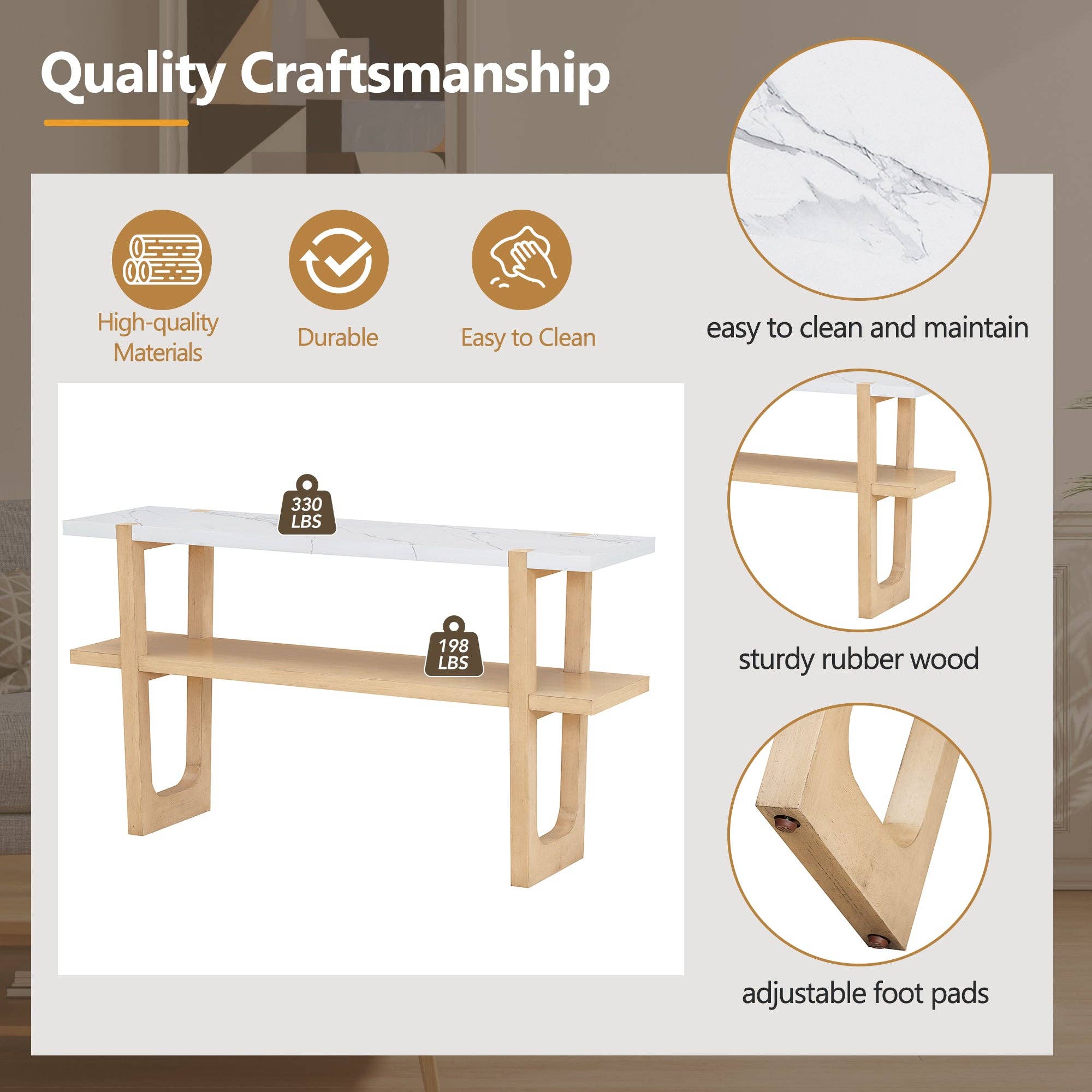 Orange County Decor - Wholesale Console Table - Retro Elegant Console Table With Marble Effect Top And Versatile Storage Solutions For Entryway And Living Room Natural Natural Solid Wood Mdf12