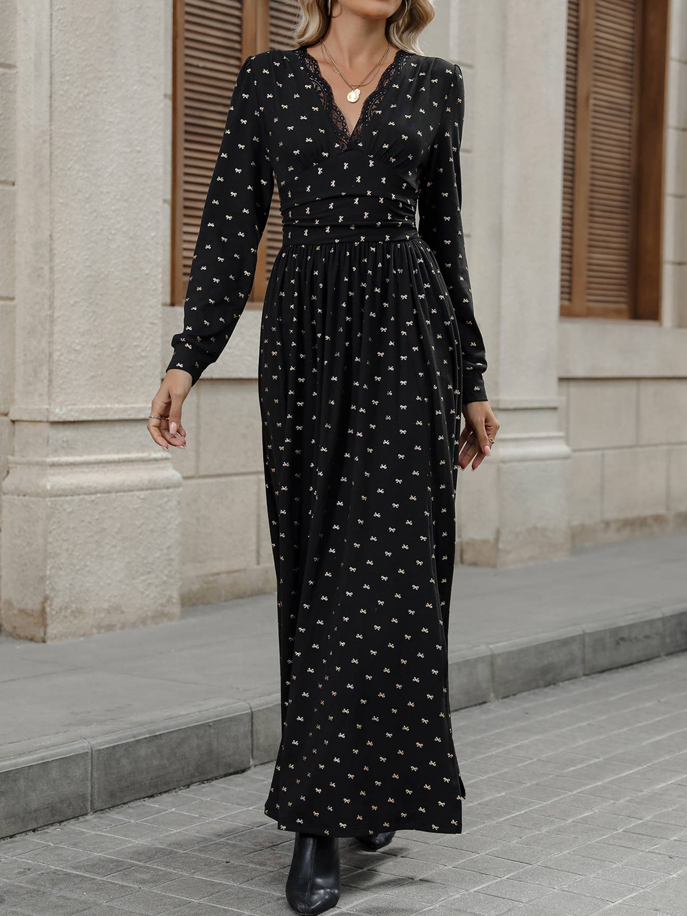 Black Autumn elegant  style lace bow printed long-sleeved dress for wholesale on Faire5