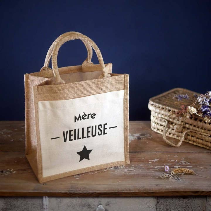“Mère Veilleuse” Burlap And Cotton Tote for wholesale by Luz & Nina