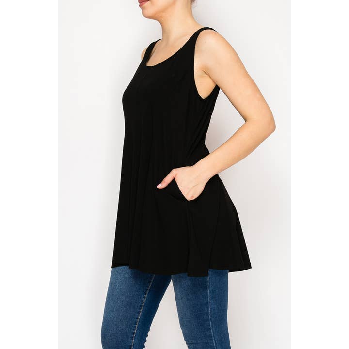 Soft Flowy Tunic Tank with Hidden Pockets - T16BK for wholesale by Origami Apparel ~  Lace and Crochet inspired