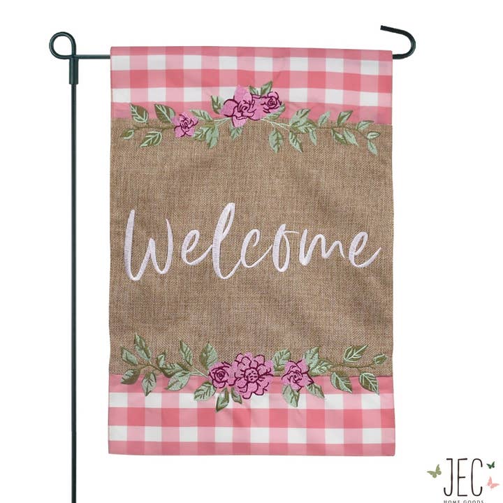 Pinkfarbener Büffel-Karomuster Willkommens-Burlap 2-seitige Gartenflagge 12,5x18" für den Großhandel von JEC Home Goods Inc