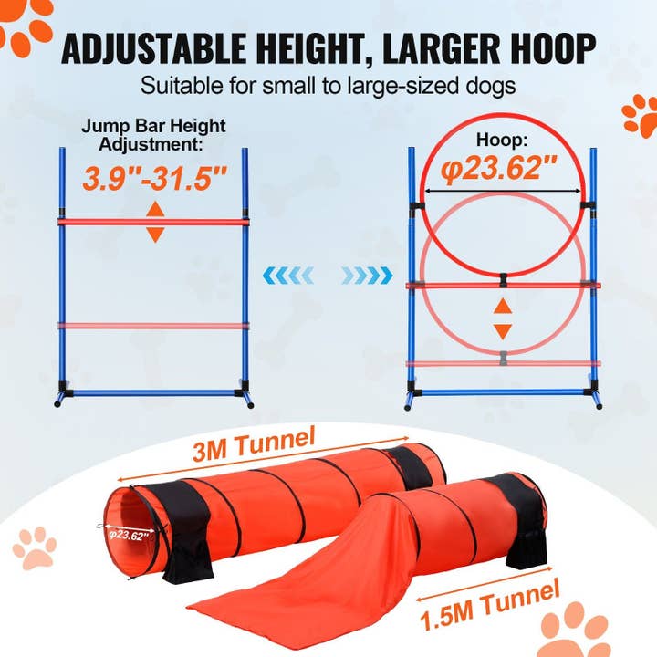 Hard Rock Health Stores – Engroshandel Legetøj - Hund – Hund Agility Træningsudstyr 7 stk. Sæt Opgraderet m/ Forhindringer 2 Tunneler Ring