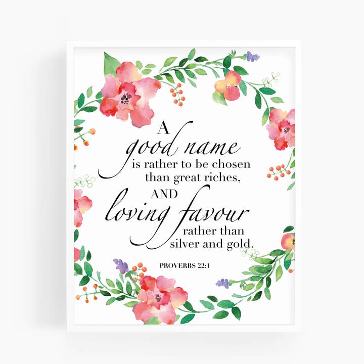 Proverbs 22:1 | Watercolor Bible Verse Art Print for wholesale by Scripture and Grace
