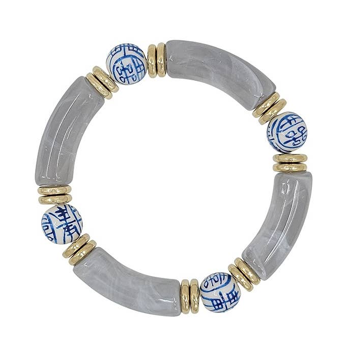 Grey Acrylic Bamboo and Ceramic Ball Stretch Bracelet for wholesale by What's Hot