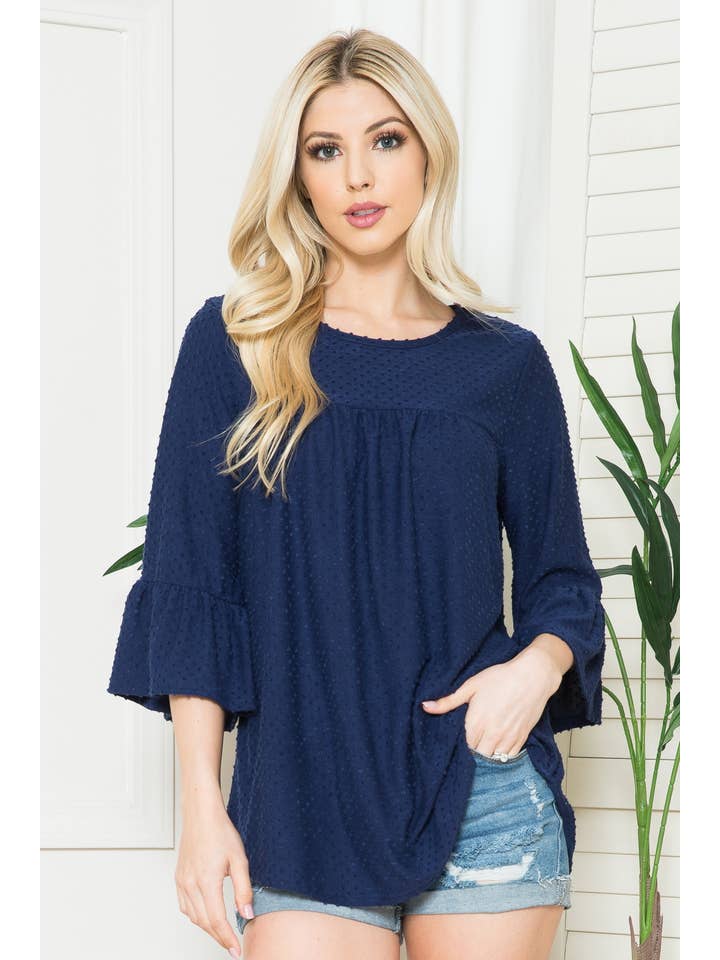 Acting Pro - Wholesale Shirt - Women's - T7797D - Solid Quarter Bell Sleeve Round Neck Top