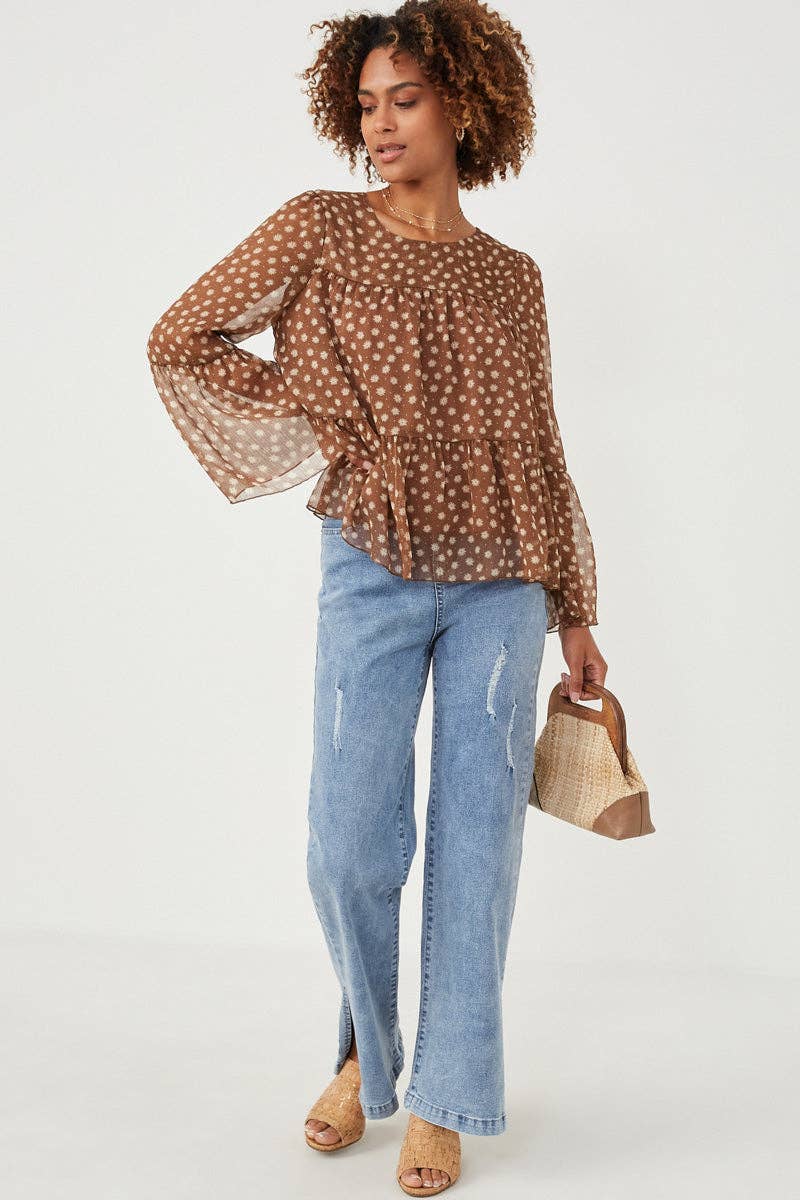 Brown Womens Daisy Print Tiered Chiffon Top for wholesale on Faire5