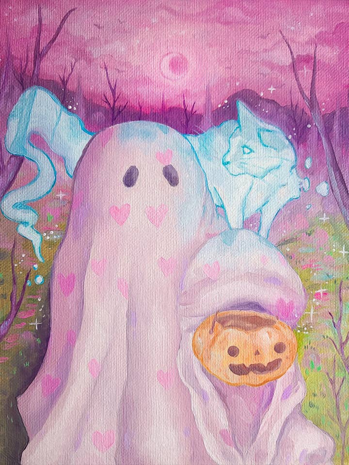 Trick or Treat Prints (ghost kitty) for wholesale by Shelby DeGarmo Art