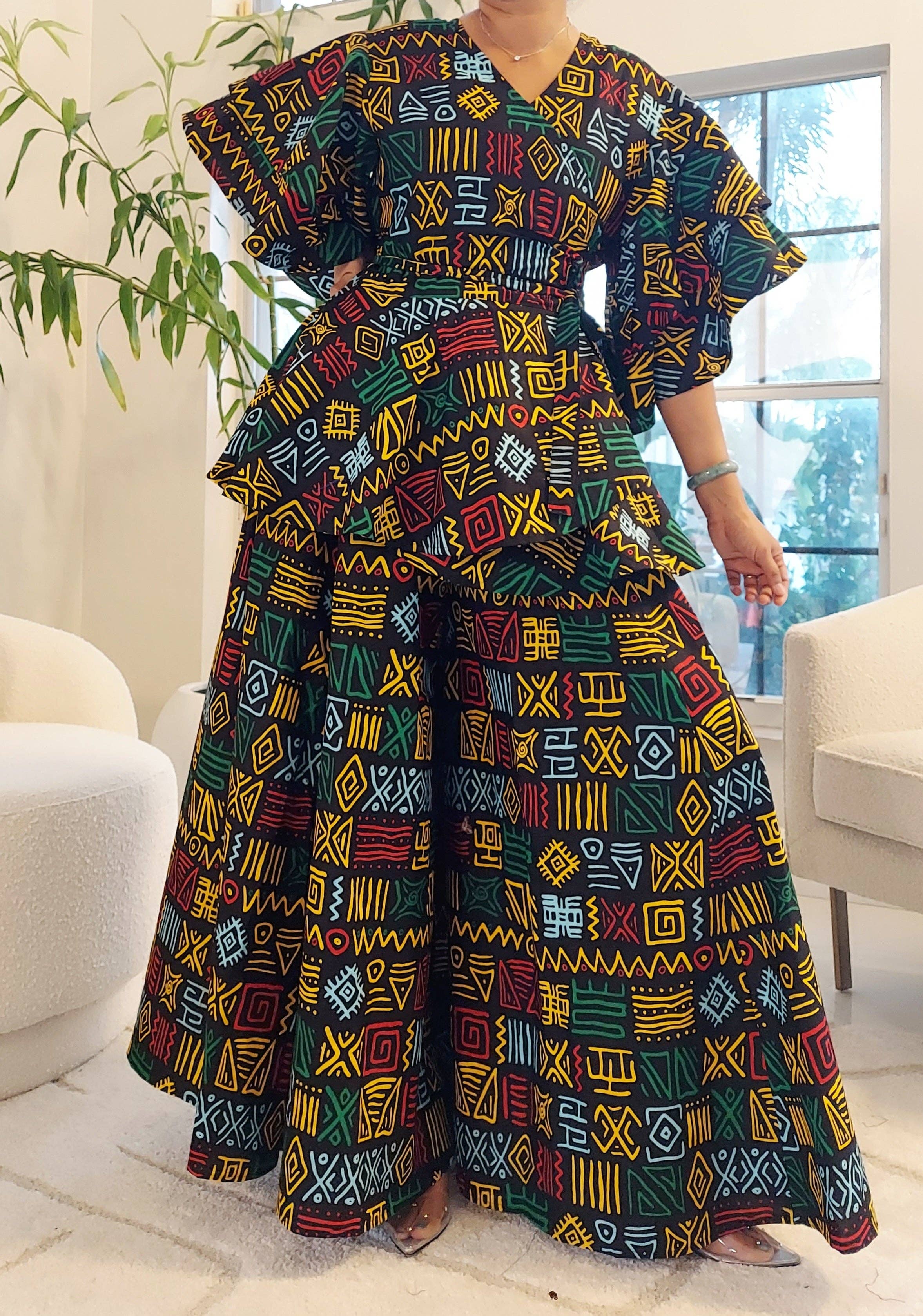 India Batik - Vente Ensemble haut et pantalon (PAS d'intérieur) - Femme - Pantalon Palazzo et chemisier cache-cœur - Noir/Rasta10