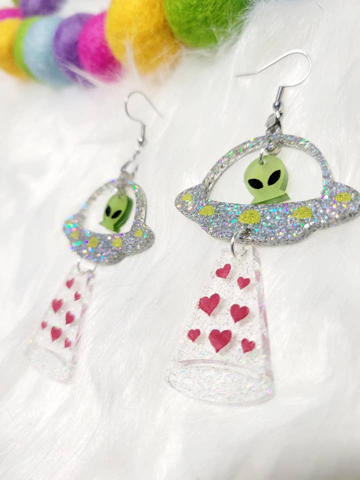 Alien Love Heart Spaceship Earrings for wholesale by A Little Bit of Summer LLC