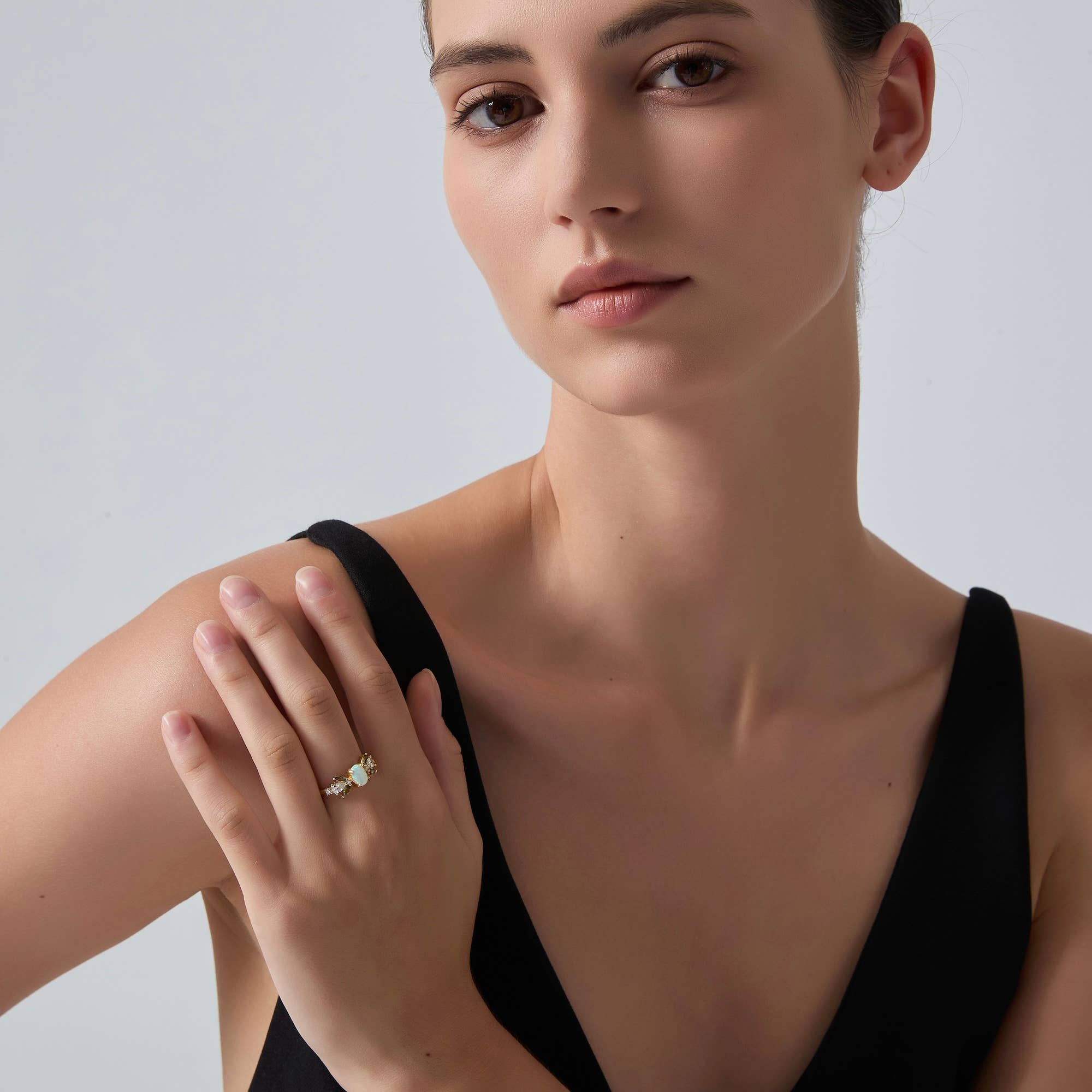 Perimade & Co. LLC - Wholesale Band/Stacked Ring - Oval Opal Olive Leaf Stacking Ring in 925 Sterling Silver5