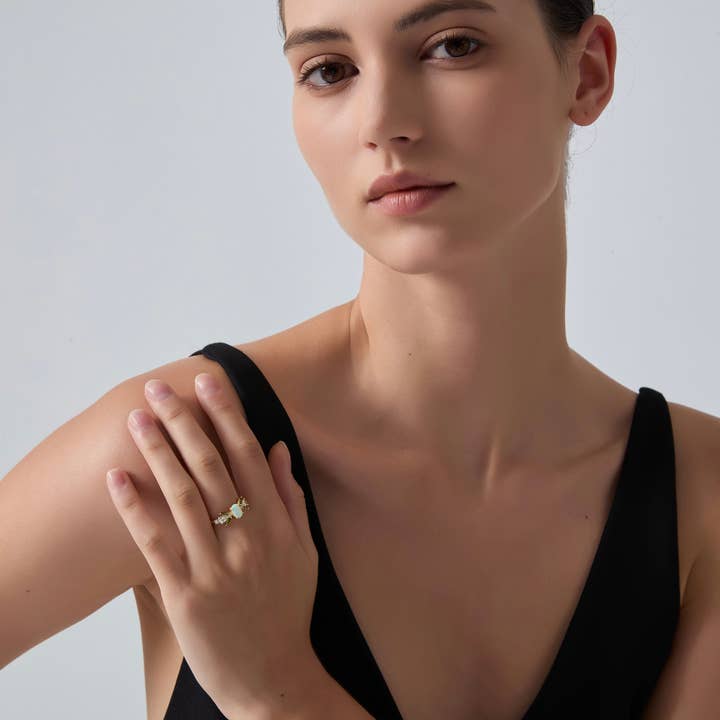 Perimade & Co. LLC - Wholesale Band/Stacked Ring - Oval Opal Olive Leaf Stacking Ring in 925 Sterling Silver5