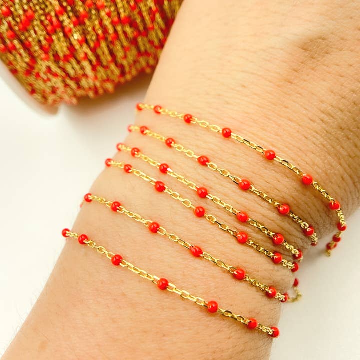 V203RDGP. Gold Plated Sterling Silver Enamel Red Color Cable Chain for wholesale by Jewels & Chains
