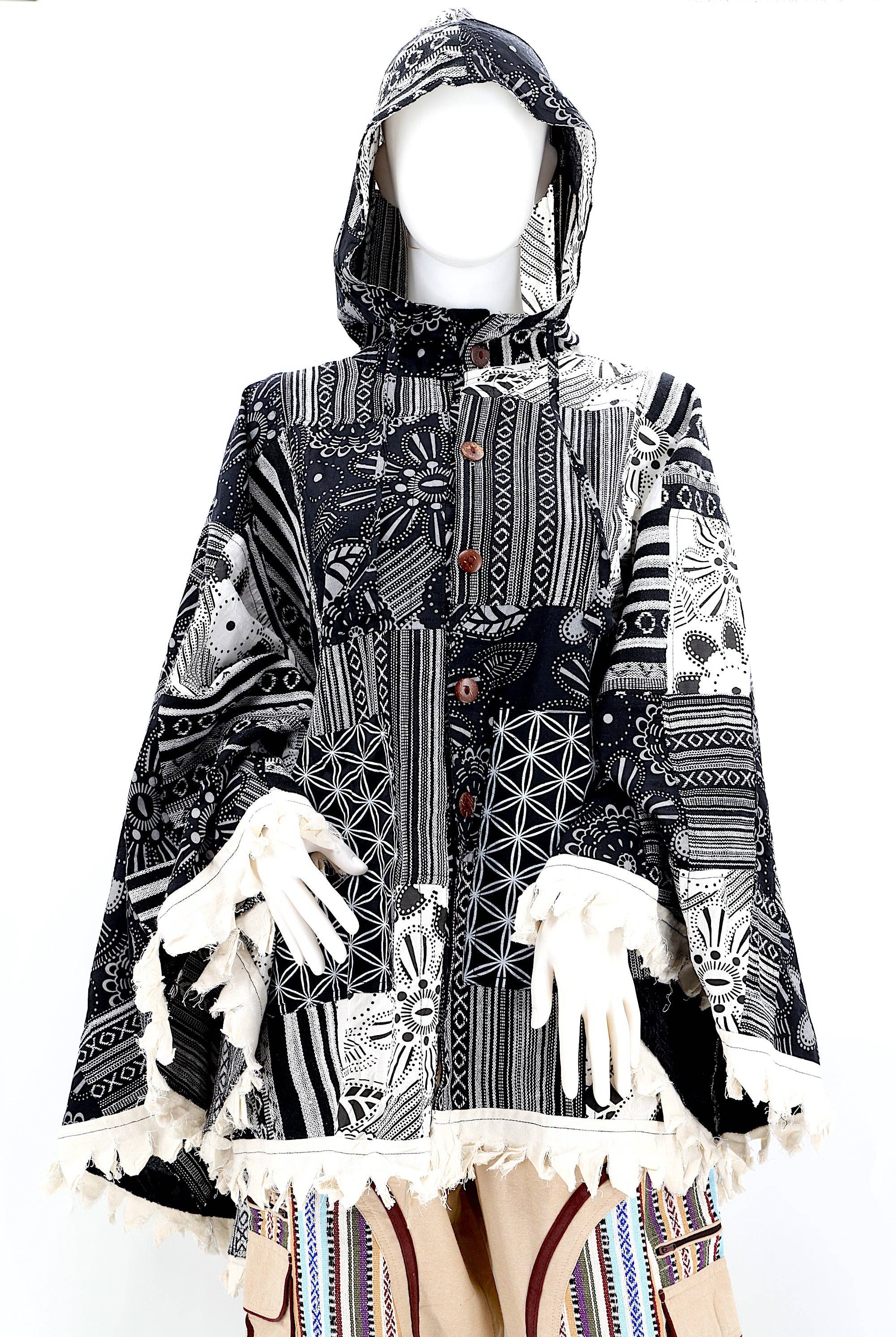 Himalaya Handmade - Wholesale Poncho - Unisex - Cotton Hippie Handmade Flower of Life and Geometric Print Overlock Patchwork Bohemian Poncho0