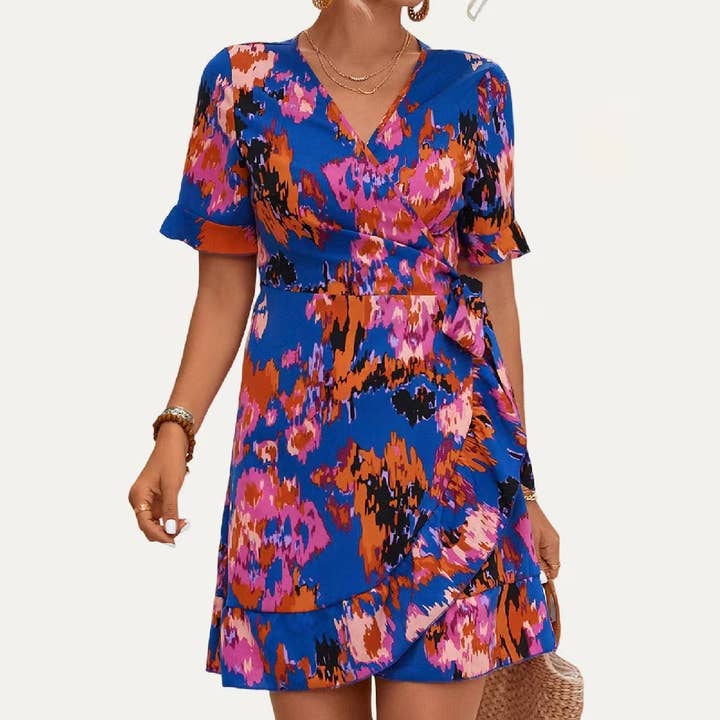 The Moment Collection - Wholesale Dress - Women's - Flirtly Print Surplice Neck Short Sleeve Wrap Mini Dress