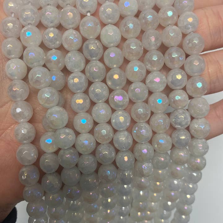 The Bead Bazaar - Wholesale Beads - 6mm Iridescent White Beads 8mm Bright Rainbow Beads, 10mm Multi Color Faceted Jade Beads, Wholesale Fancy White Bulk Beads For Jewelry Making1
