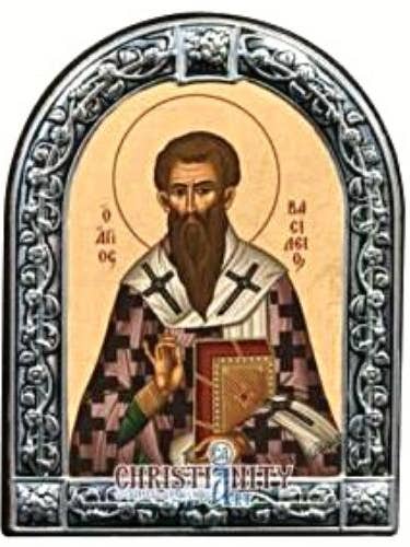 Icône de Saint Basile le Grand - Argent et bois gravés pour la vente par The Art of the Icon