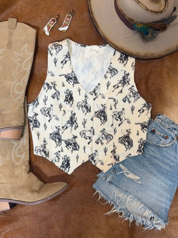 AV1274-ARDEN BUCKING HORSES PRINT BUTTON DOWN WOVEN VEST for wholesale by Avery