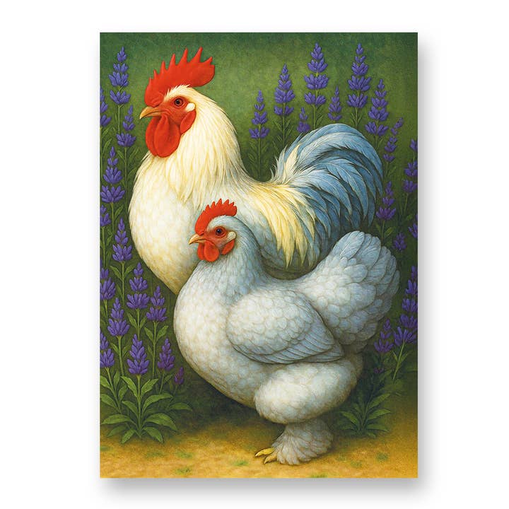Biglietto di auguri con busta con galline vintage Lavanda Pekin per la vendita all'ingrosso da parte di Creative Carousel Publishing