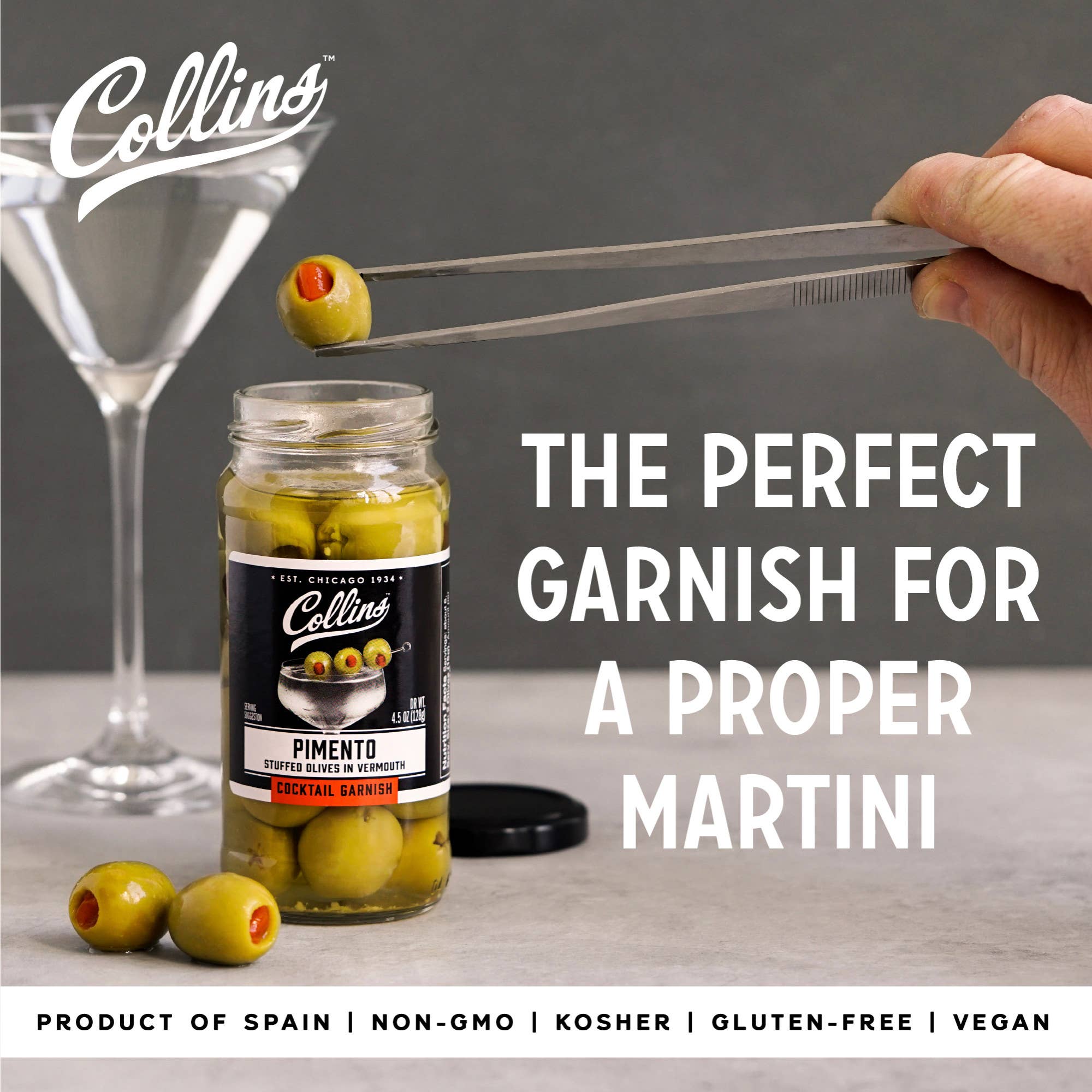 Collins - Wholesale Olives - Gourmet Vermouth Soaked Pimento Cocktail Olives 4.5 oz1
