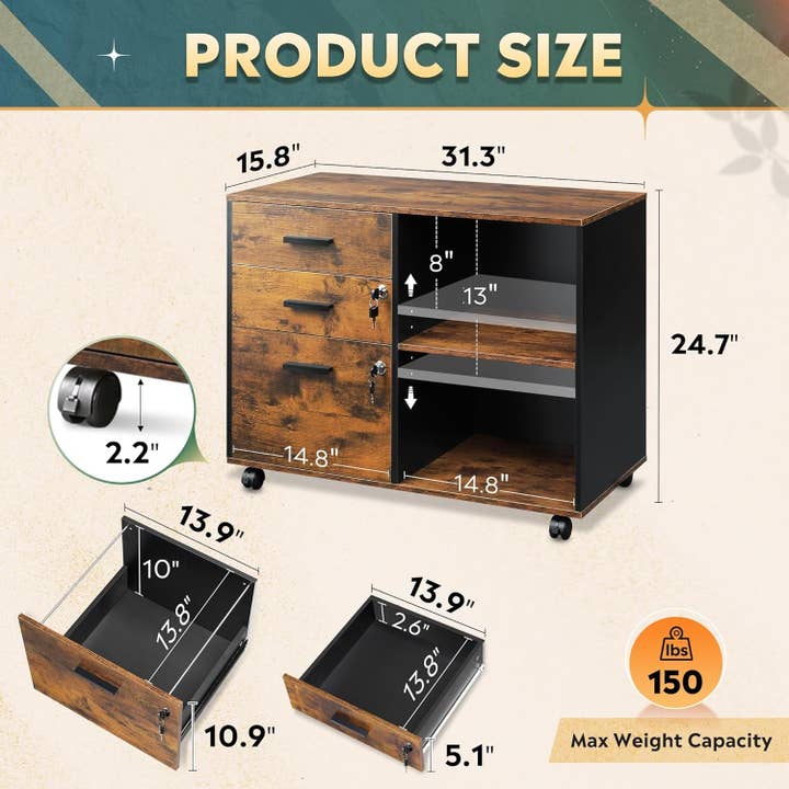 3-Drawer Wood File Cabinet with Lock, Mobile Lateral Filing Cabinet, Printer Stand with Open Storage Shelves for Home Office, Rustic Brown for wholesale on Faire