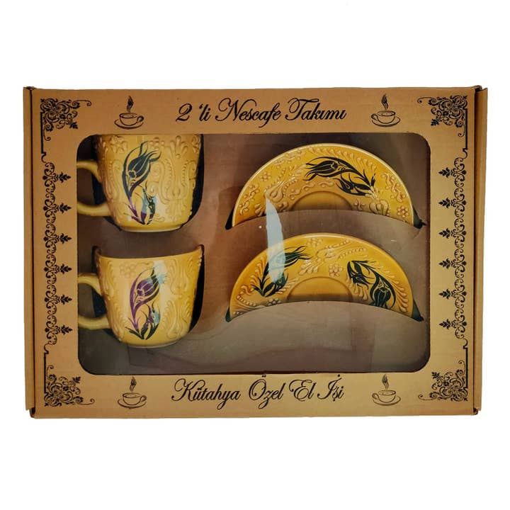 Etnico del Mondo - Wholesale Coffee/Tea Cup - Pair of Ethnic Cups with Turkish Ceramic Saucer Decorated #24