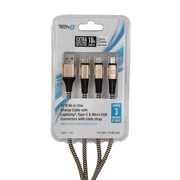 iTech361 - Vente Câble de charge - CÂBLE DE CHARGE TRESSÉ TOUT EN UN DE 10 PI AVEC SANGLE