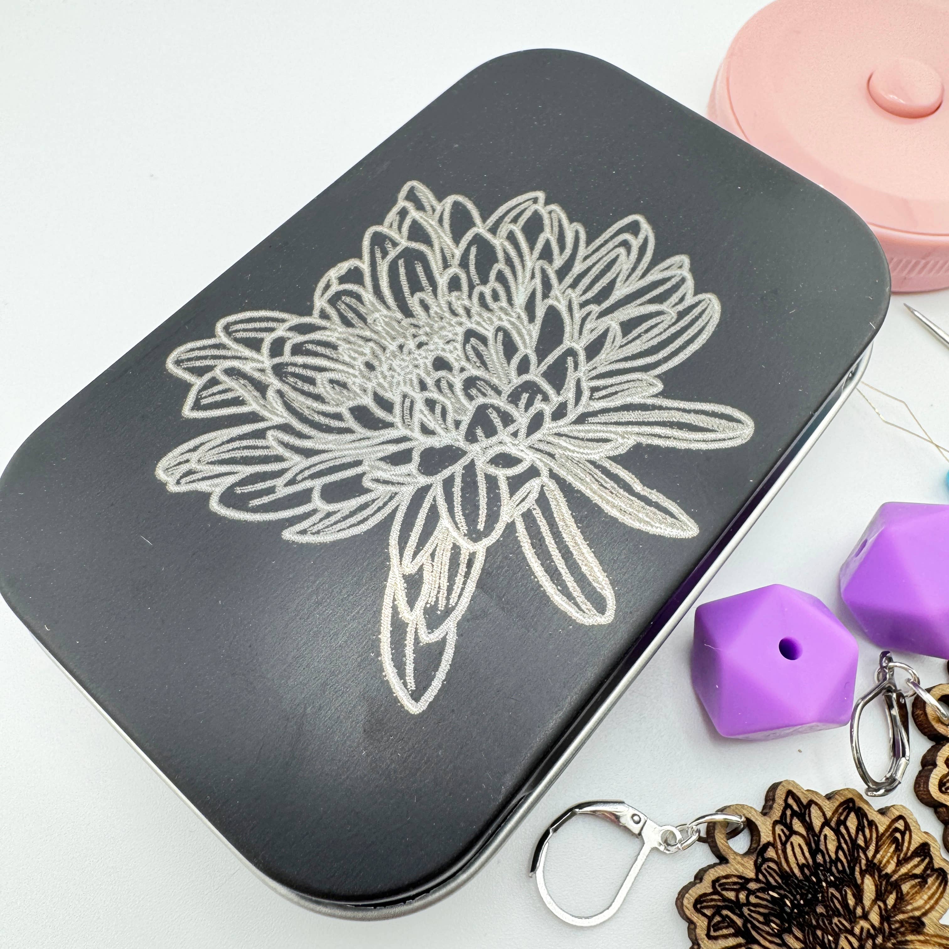 Art by Erica H & Rebel Stitchers - Wholesale Knitting/Crochet Supplies - Chrysanthemum Notions Metal Tin Kit w/ Magnets Needle Holder2