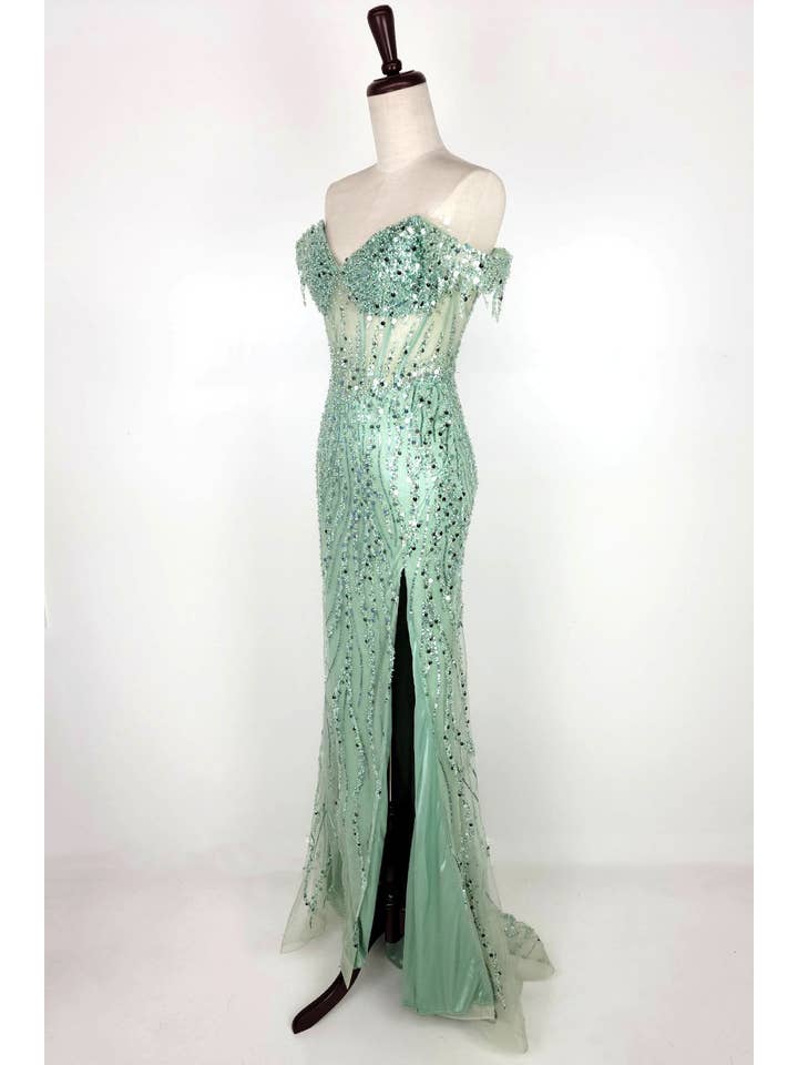 Chicas - Wholesale Gown - Women's - Off the Shoulder Sequin and Bead Long Dress C33155